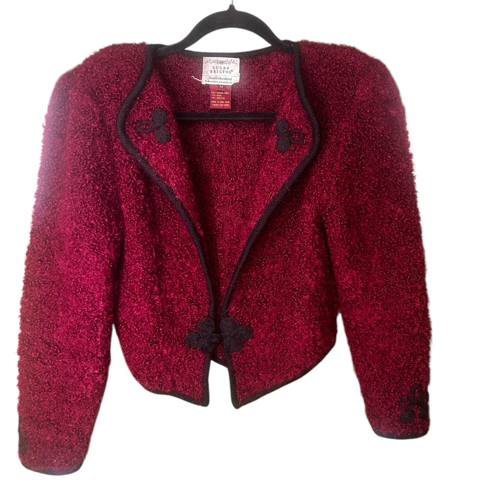 Susan Bristol Burgundy Bouclé Cropped Blazer with Black Trim